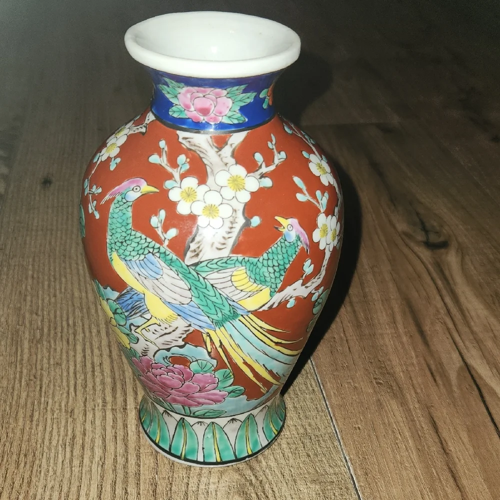 Colorful Hand Painted Porcelain Vase with Birds of Paradise and Floral Design